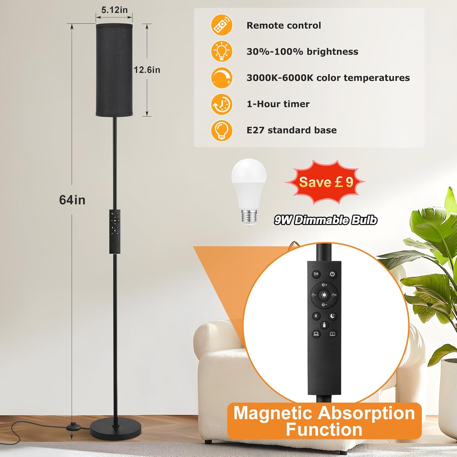 Thumbnail 2 de Aooshine Floor Lamp dimmable 3‑colour temps with remote 🛋
