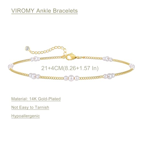 Detalle de VIROMY Zierliche Perle Fußkettchen für Frauen – feines Gold-Design mit drei Perlen