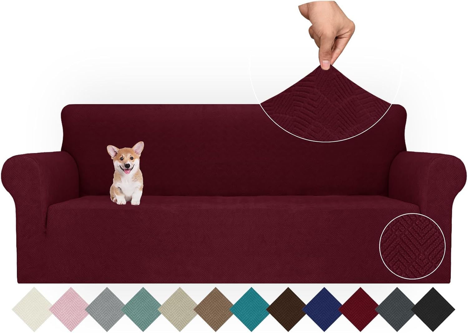 Detalle de Ystyle housse de canapé extensible universelle 4 places bordeaux avec accoudoirs