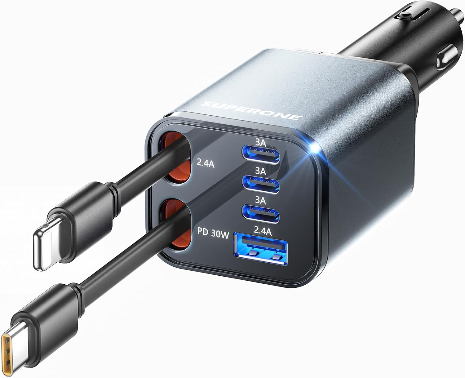 Detalle de SUPERONE Retractable Car Charger: 6-Port, Ultra-Compact with USB-C & Apple Cable