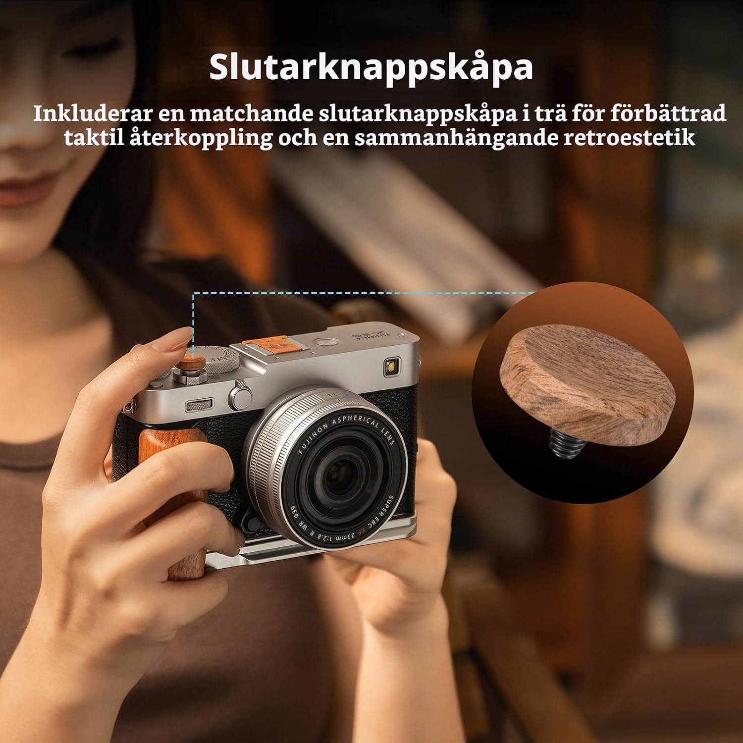 Detalle de SMALLRIG 6238 blixtskoskydd med avtryckarknapp i rosenträ