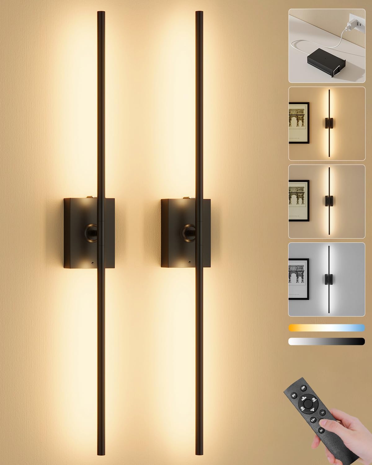 Detalle de Ouyulong WS-04 Battery-Powered Wall Sconces, Set of 2, Remote Dimming