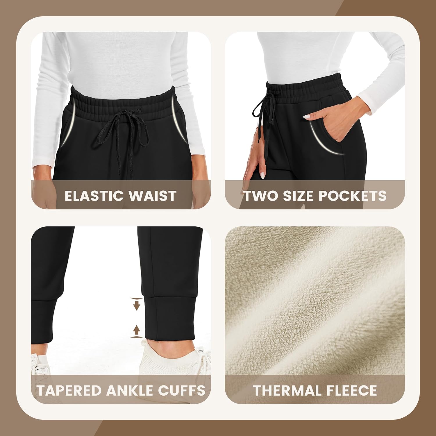 Detalle de CAMPSNAIL Fleece-Lined Women's Joggers, High-Waisted with Pockets, Black