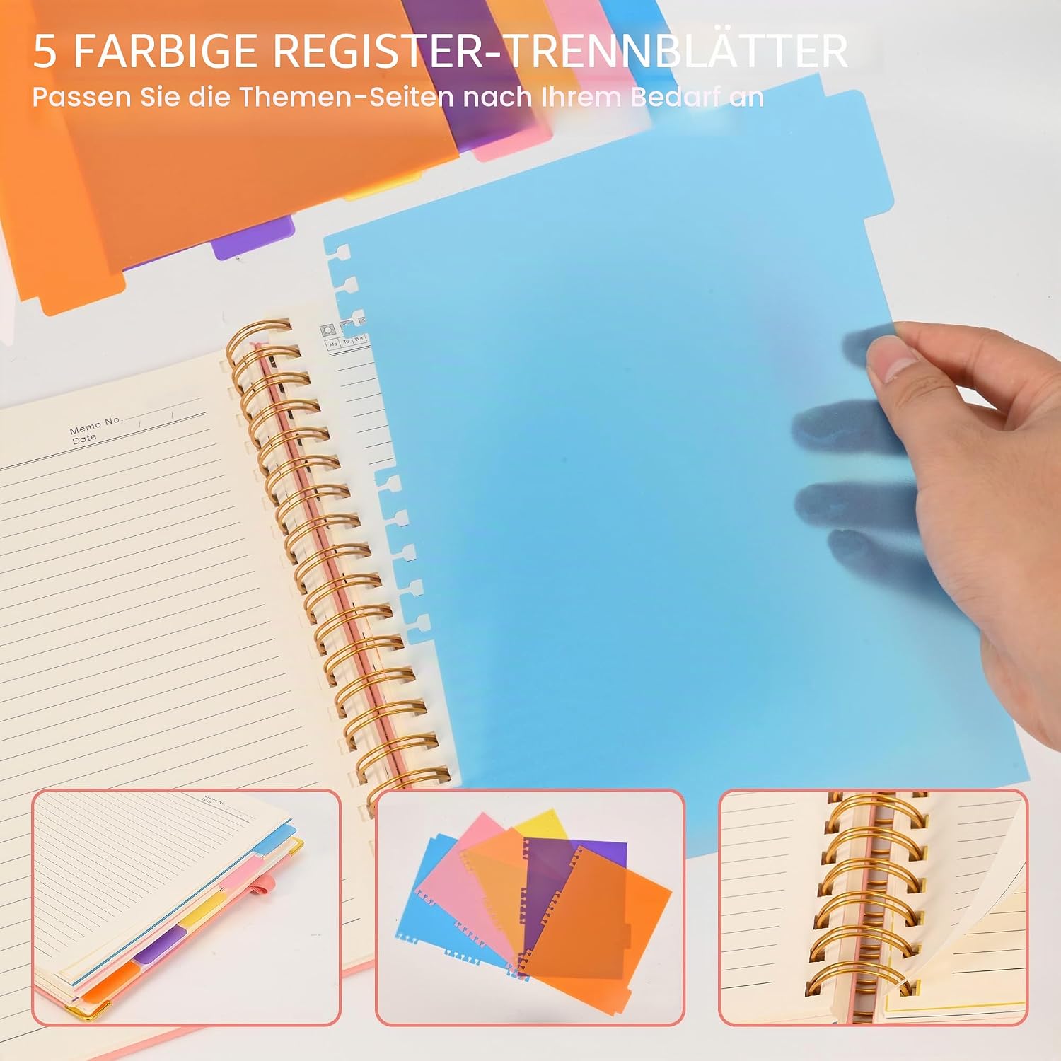 Detalle 2 de Notizblock Notizbuch B5 liniert mit 5 Fächern – flexibles 360‑seitiges Ringbuch in Rosé