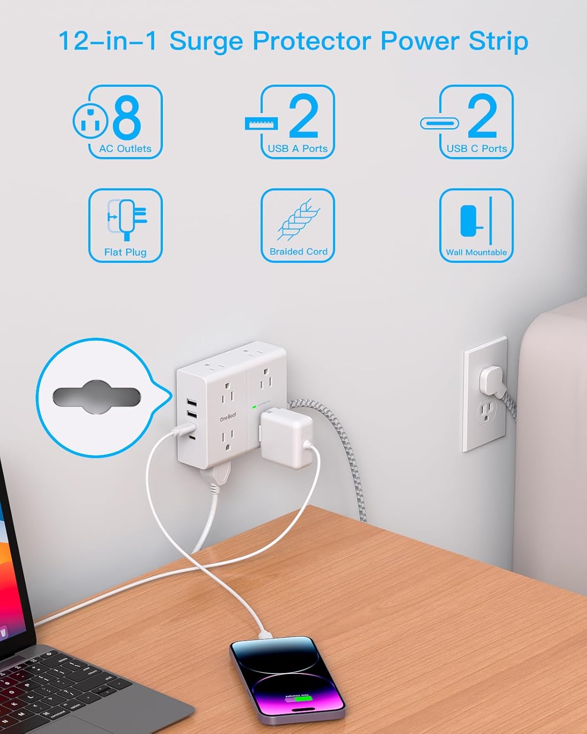 Detalle 2 de Surge Protector Power Strip 15ft with 8 Outlets and 4 USB Ports ๐