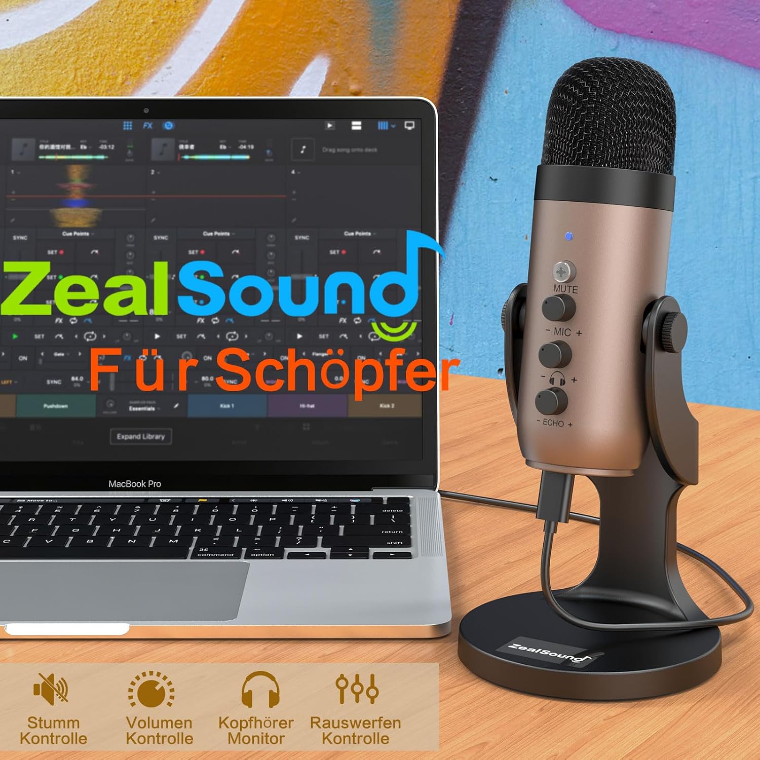 Thumbnail 6 de ZealSound K66 USB Kondensator-Mikrofon – Gold, Plug & Play für PC, Laptop, Handy