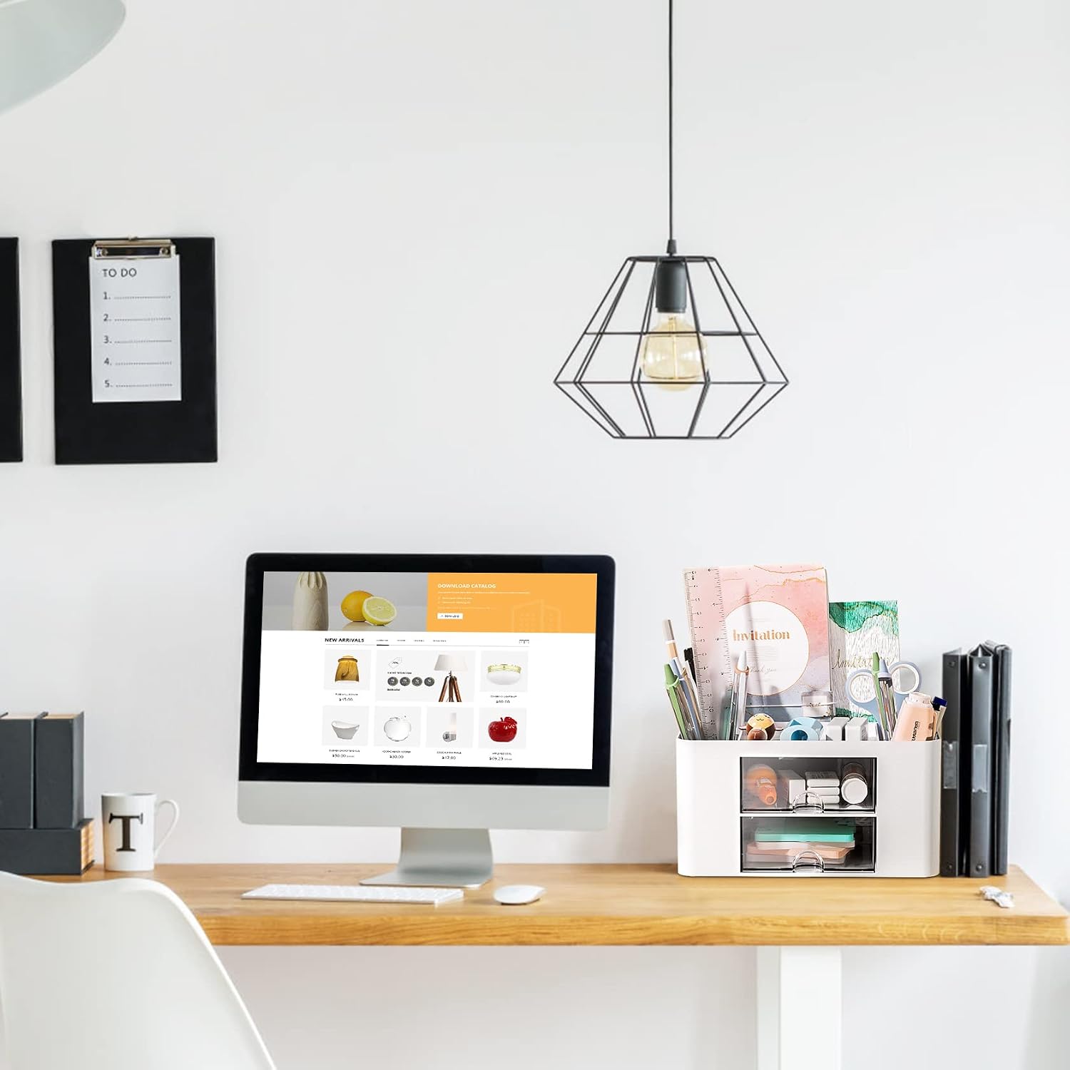 Detalle de PAMIYO Schreibtisch Organizer mit 7 Fächern, Kunststoff (weiß) – Stiftehalter mit Schublade für Büro, Zuhause & Schule