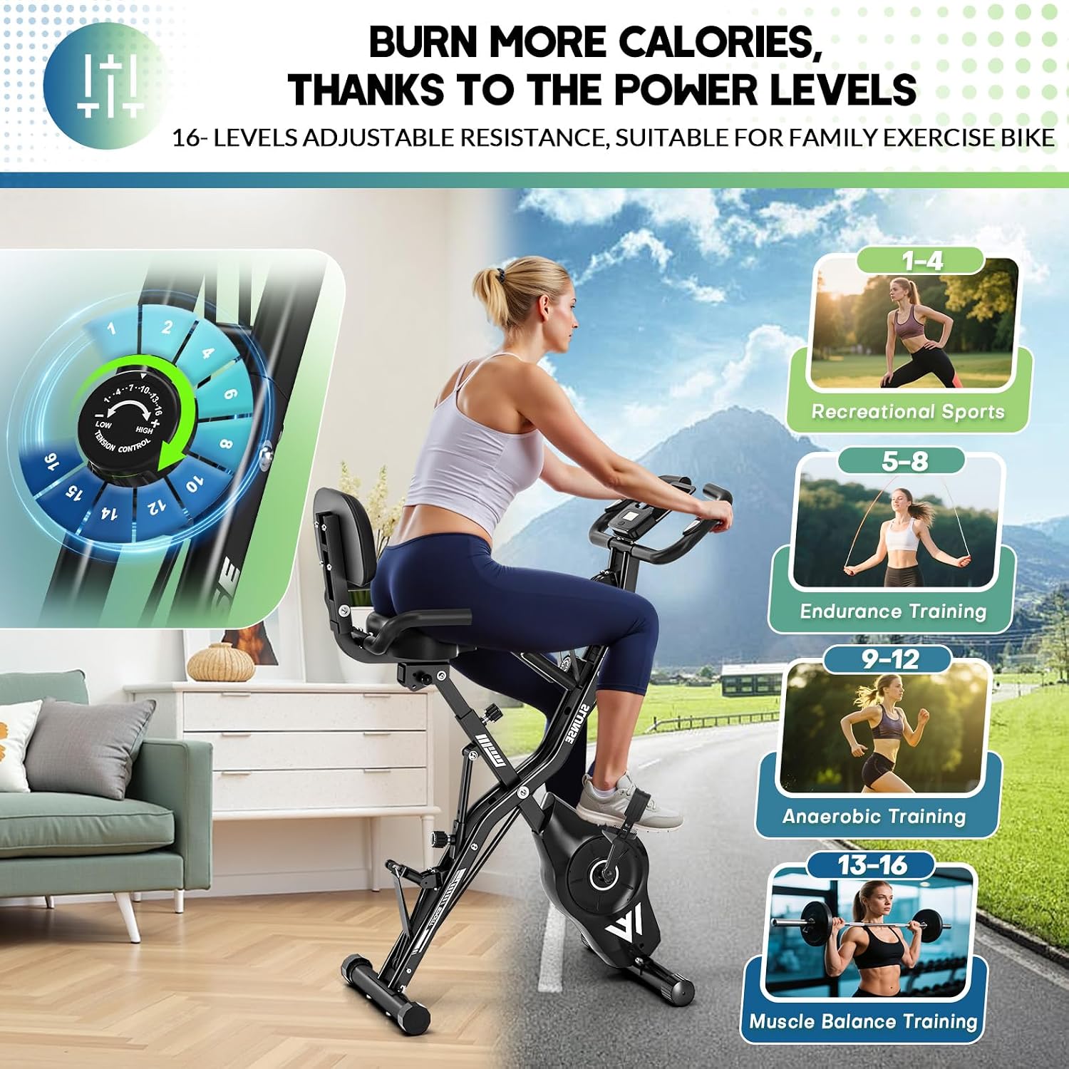 Detalle de SLUNSE 5-in-1 Quiet Folding Exercise Bike with 16-Level Magnetic Resistance
