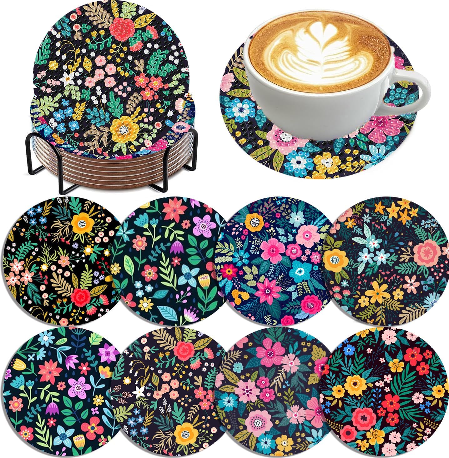 Detalle de mrpwnle 8-Pack Floral Diamond Art Coaster Kit with Acrylic Coasters, Cork Pads and Holder
