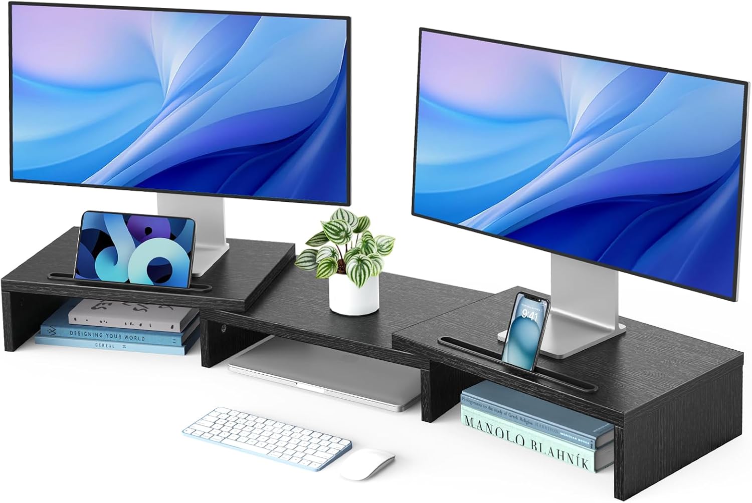 Detalle de HUANUO Supporto Monitor Scrivania Doppio – Rialzo regolabile per 2 monitor, con scomparti multipli