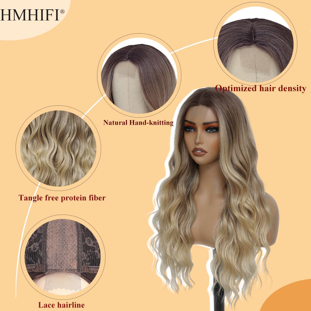 Detalle 1 de HMHIFI 26-Inch Blonde Wig, Long Wavy Curls and Middle Part
