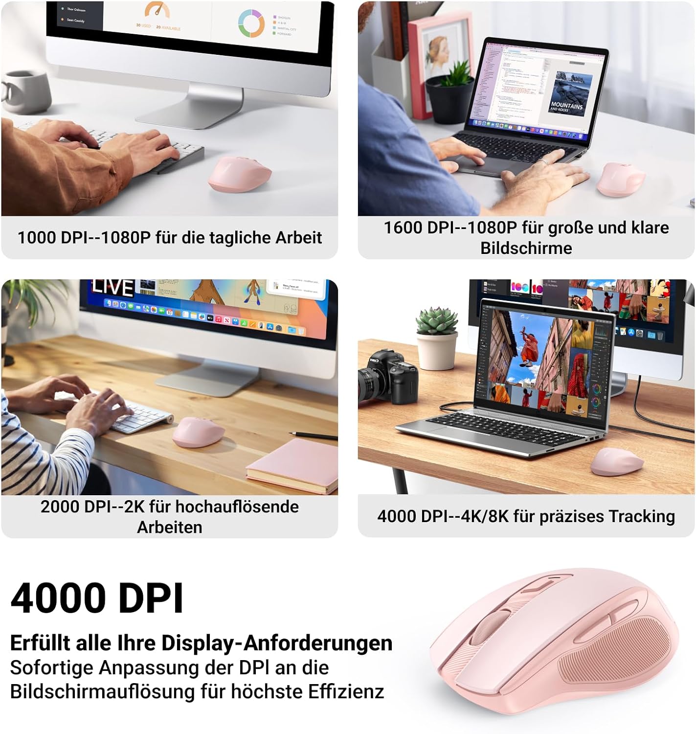 Thumbnail 3 de UGREEN 2.4G kabellose Maus – 4000 DPI, ergonomisch, 18 Monate Akkulaufzeit (Rosa)