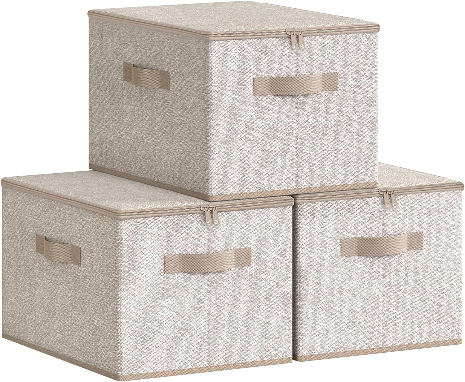 SONGMICS Foldable Storage Organiser Boxes (Set of 3) with Lids, Handles, Sand Beige RZB003K01