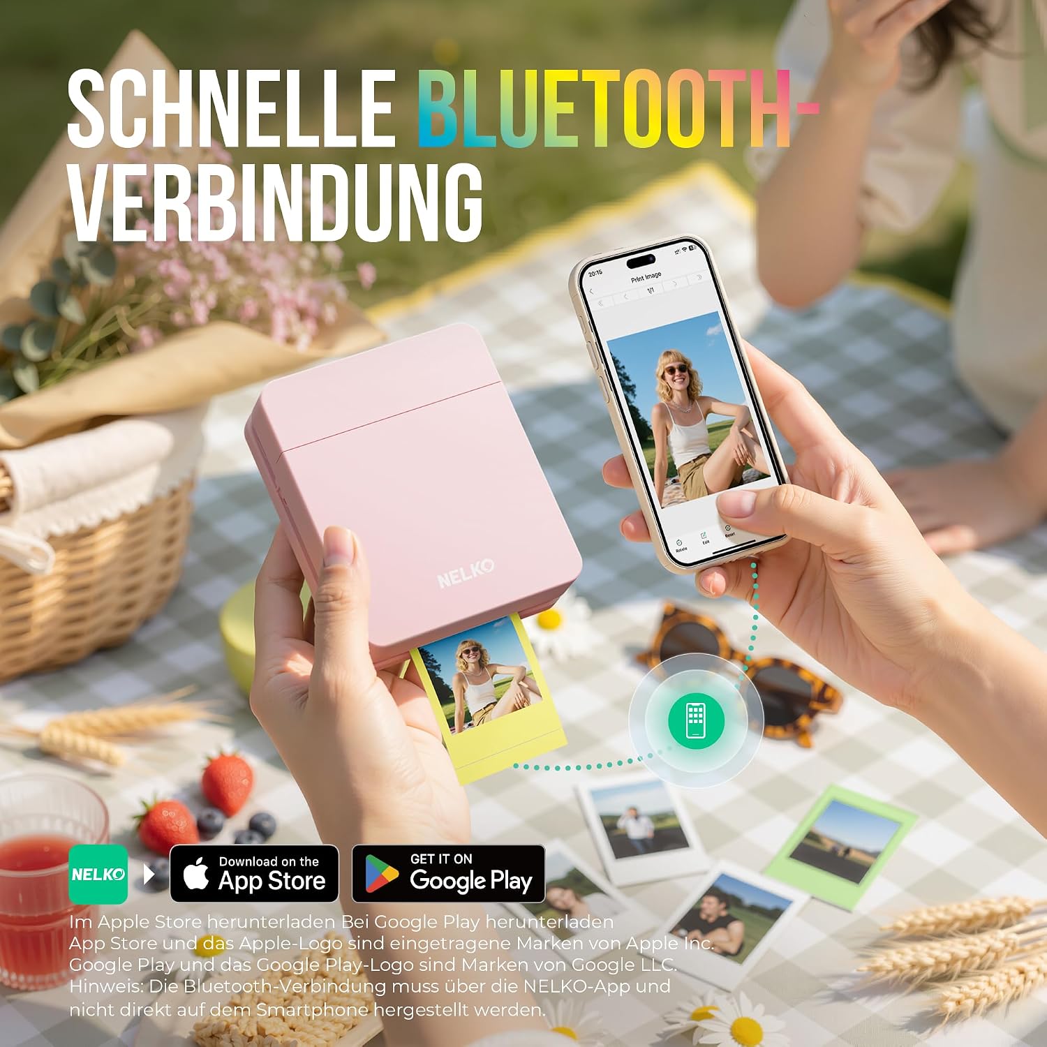 Detalle de Nelko PP01 Tragbarer Mini-Fotodrucker – Rosa, 20 Blatt Klebepapier, Bluetooth, App, Tintenstrahldrucker