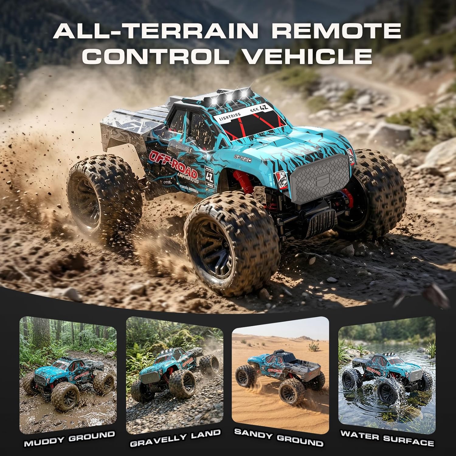 Detalle de YESHIN Voiture télécommandée amphibie 1:14 — 4WD tout-terrain avec 2 batteries et lumière LED