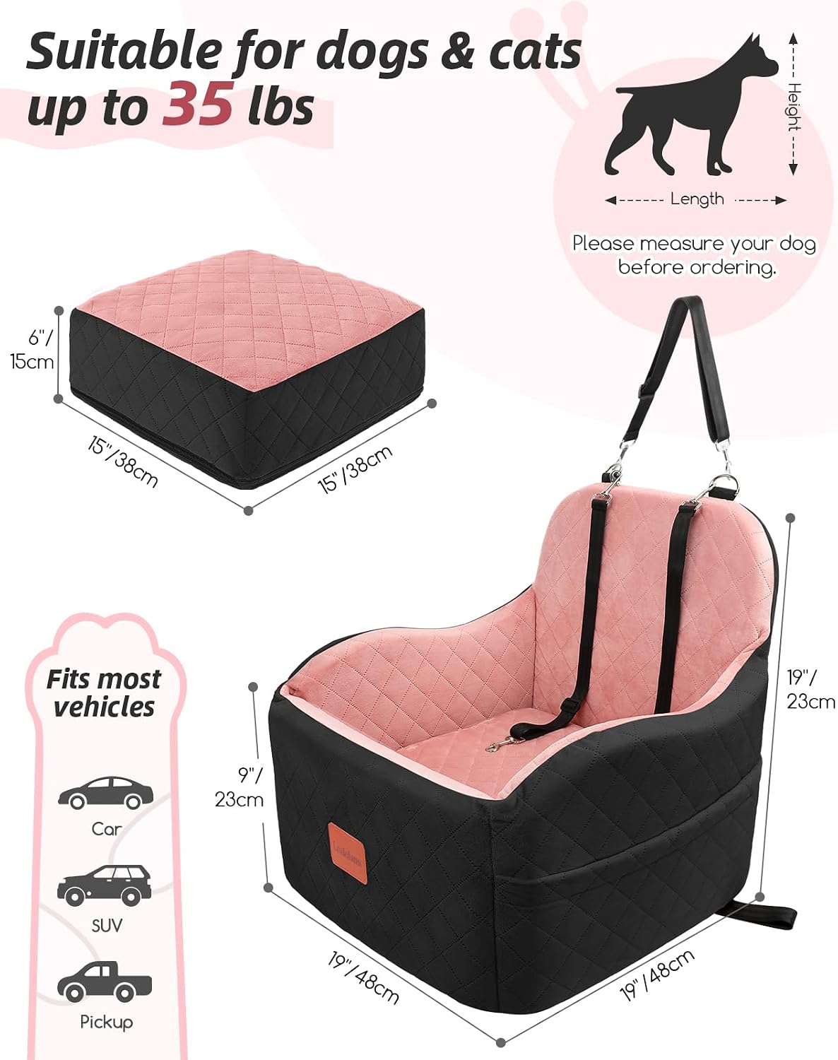 Detalle de Lealchum Dog Booster Car Seat for Small/Medium Dogs (Medium) – Portable, Elevated Cushion, Washable & Fit for Car Travel