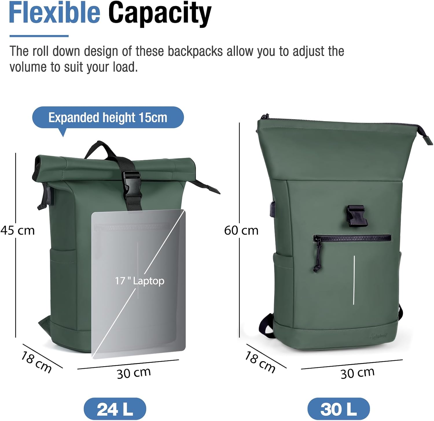 Thumbnail 1 de Lekeinchi Rolltop Rucksack wasserdicht – Laptop-Rucksack für 17 Zoll, Rolltop-Daypack (grün, XL)