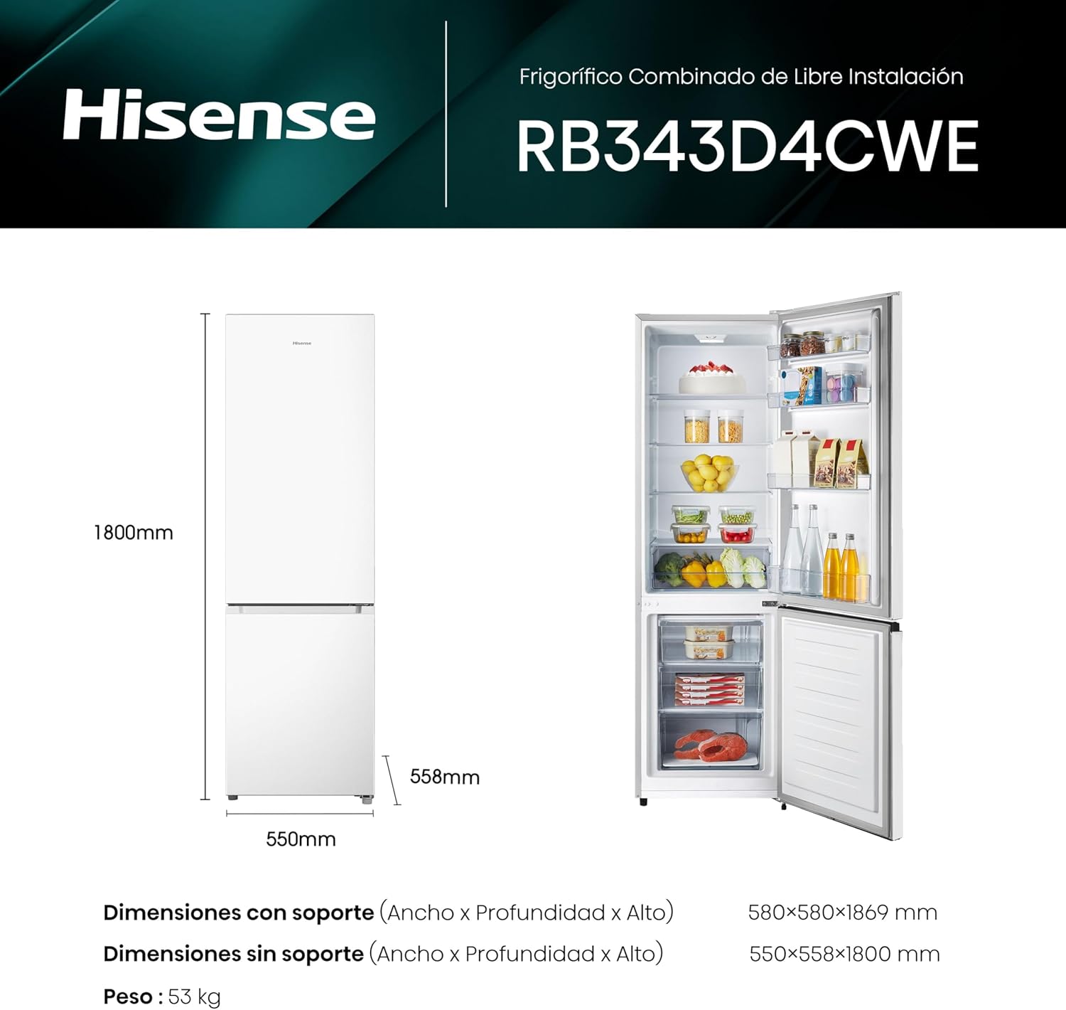 Detalle de Hisense RB343D4CWE frigorífico combi 269 L