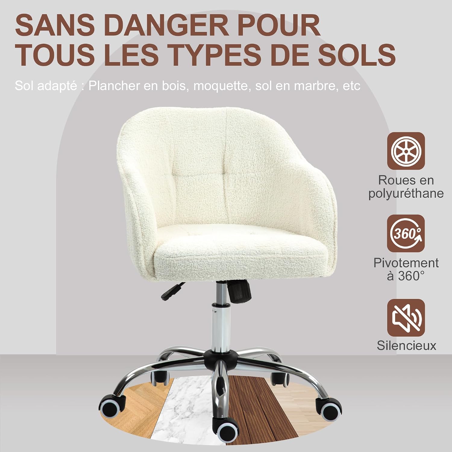 Thumbnail 4 de HOMCOM Chaise de bureau ergonomique en peluche Teddy avec hauteur réglable et pivot 360° (crème)