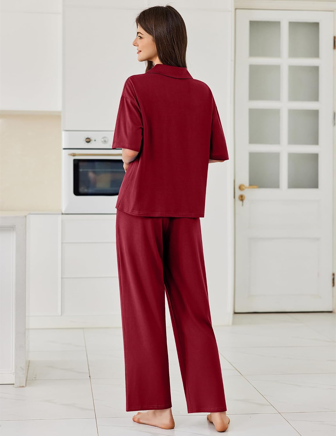 Detalle 2 de Ekouaer Women's Button-Down Pajama Set with Short Sleeves and Long Pants