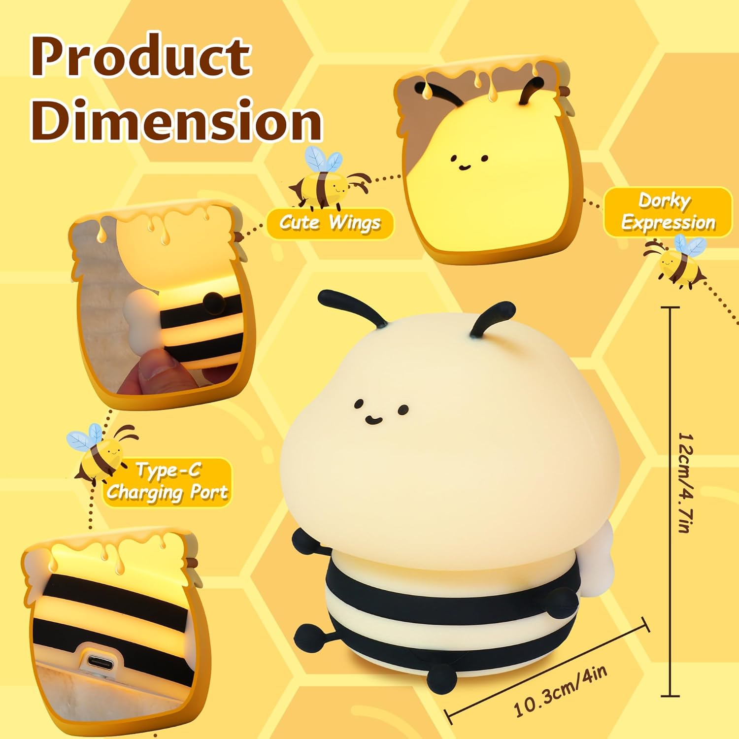 Thumbnail 3 de YuanDian Cute Bee Night Light for Kids — Soft Silicone Nursery Lamp with 7 Colours and Dimmable Tap Control
