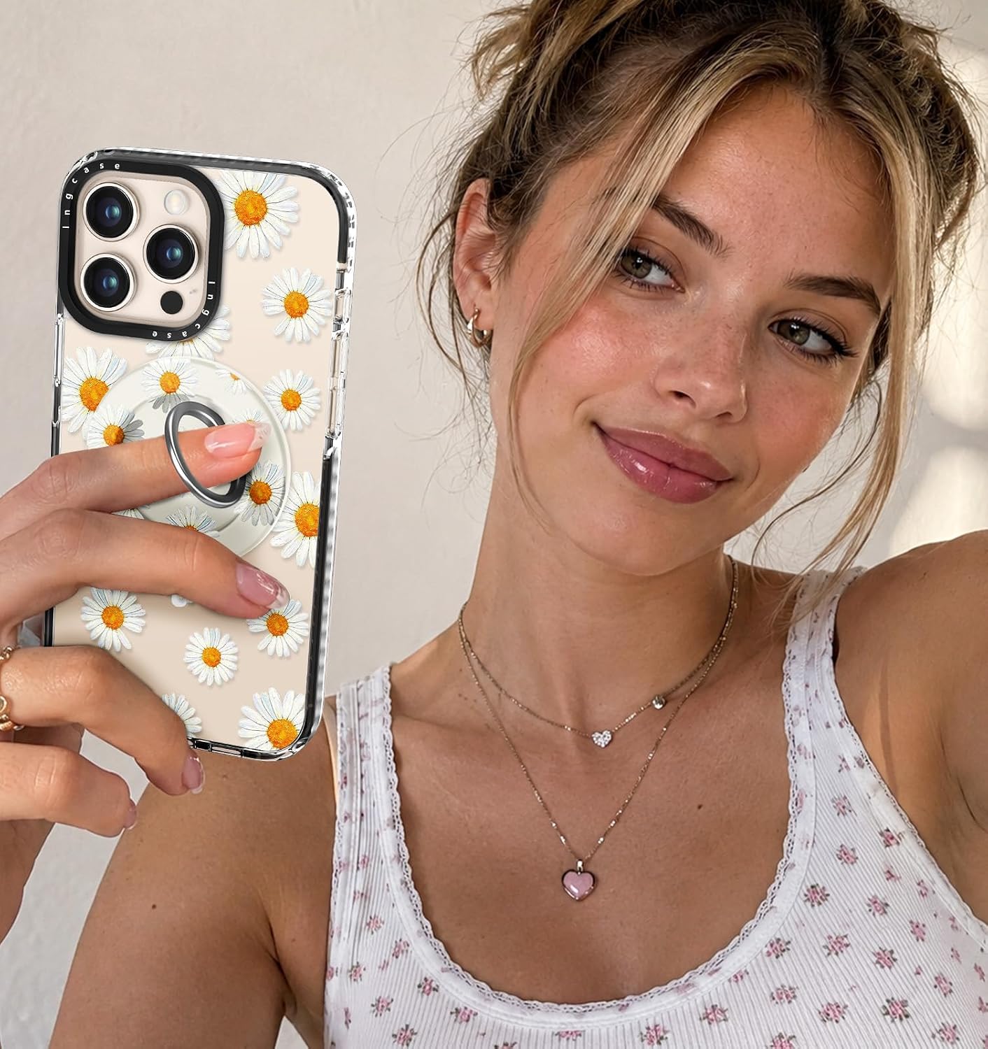 Detalle de Ingcase iPhone 16 Pro Max Case, Daisy Floral TPU with Magnetic Ring Stand