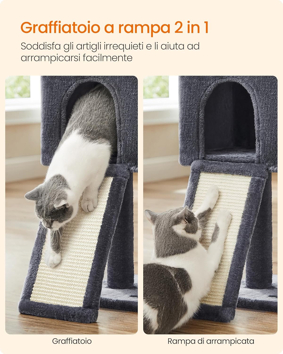 Detalle de Feandrea Tiragraffi per Gatti con Albero a Molti Livelli e Grotta – Grigio Fumo 42 x 32 x 118 cm