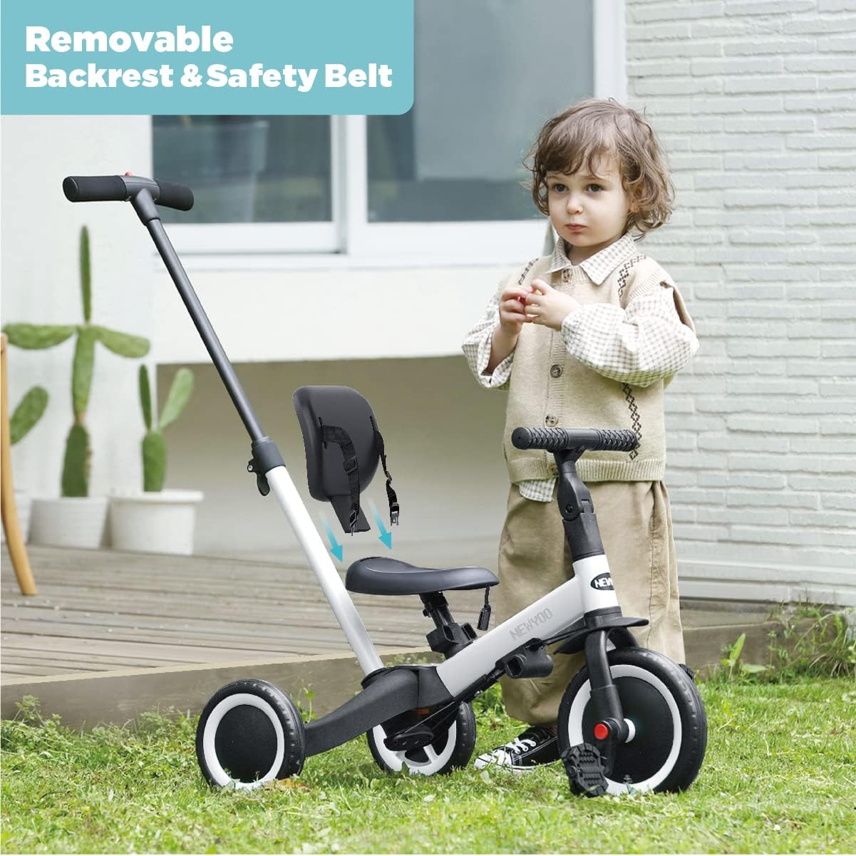 Thumbnail 5 de newyoo 5-in-1 kids trike with parent handle, safety belt and pedals (TR007) – White
