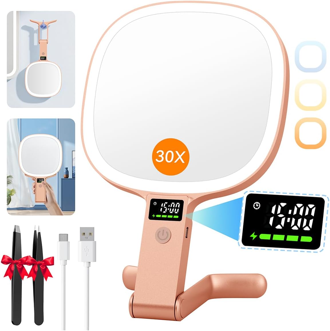 Detalle de Auxmir Kosmetikspiegel mit Beleuchtung LED Display – 30X/1X Vergrößerung, USB-C Aufladung, 3 Lichtmodi, 392,5 g, Rosegold