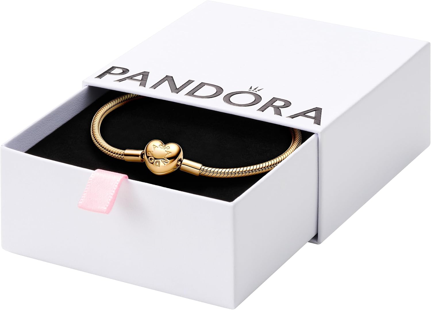 Detalle de PANDORA Moments Schlangen-Gliederarmband mit Herz-Verschluss – Sterling Silber, vergoldete Legierung, Größe 18