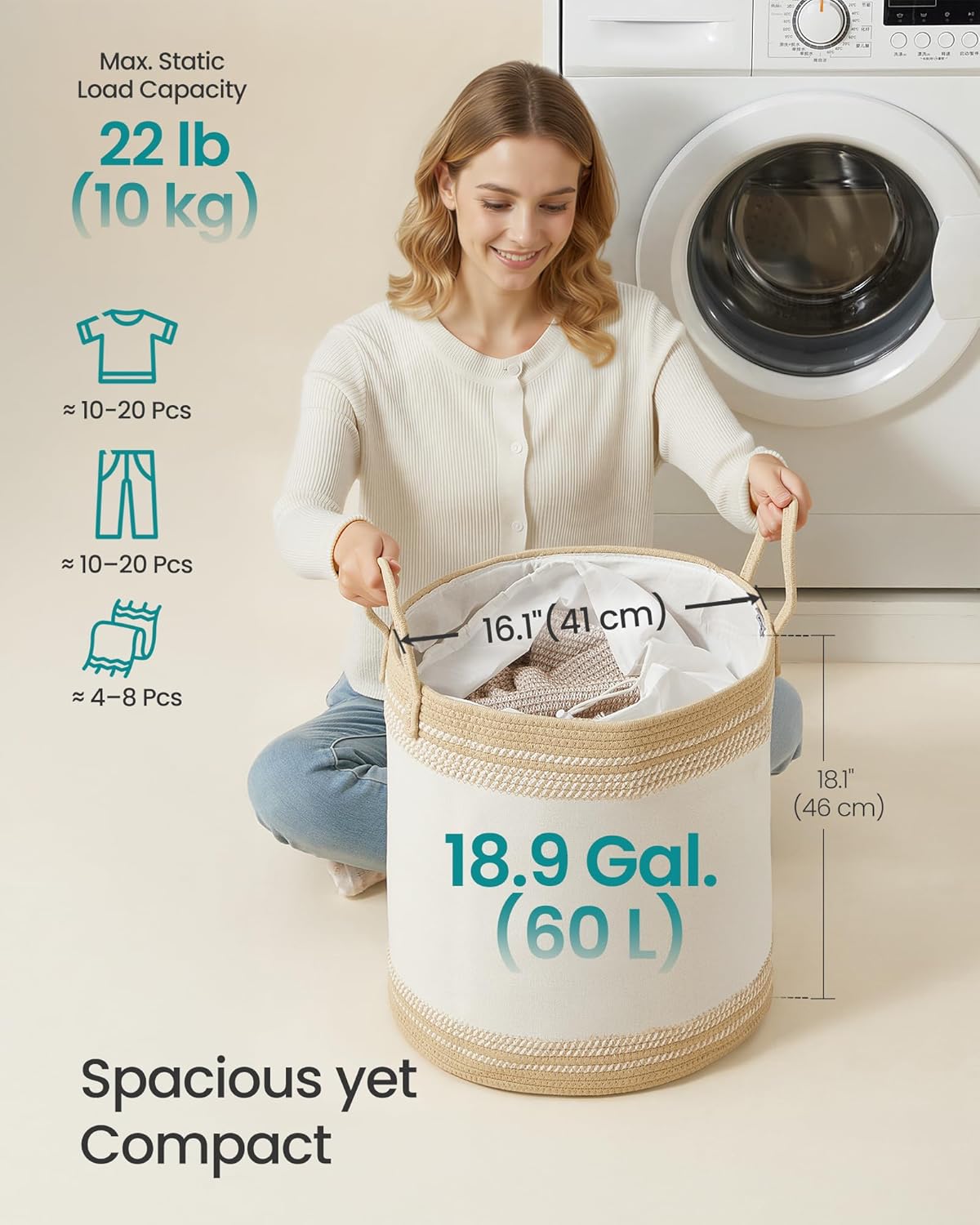 Thumbnail 2 de SONGMICS 60 L Cotton Rope Laundry Basket with Handles (RLH060K01SONGMICS)