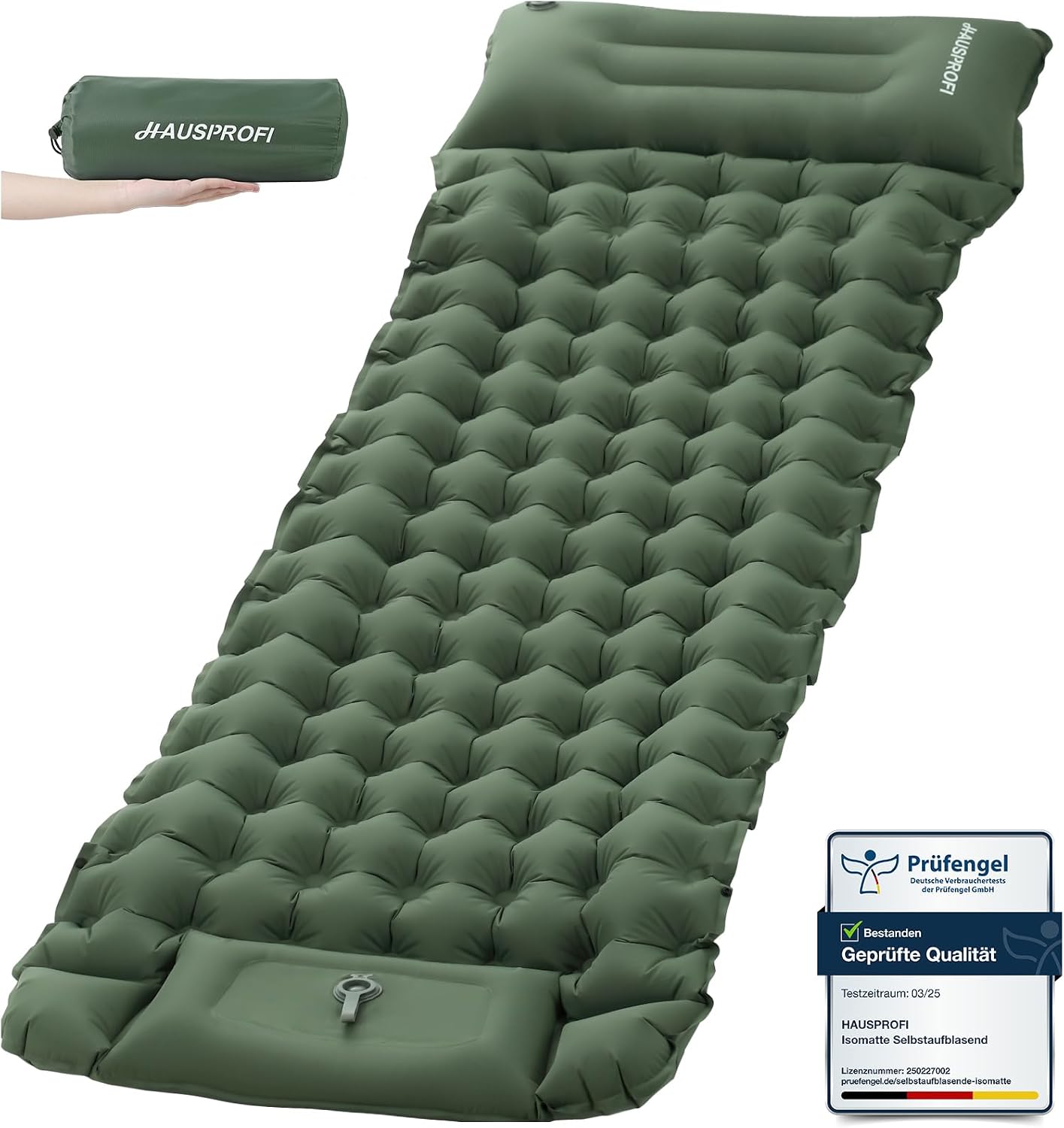 Detalle de HAUSPROFI Isomatte Camping: ultraleichte Luftmatratze mit Fußpumpe & Kissen