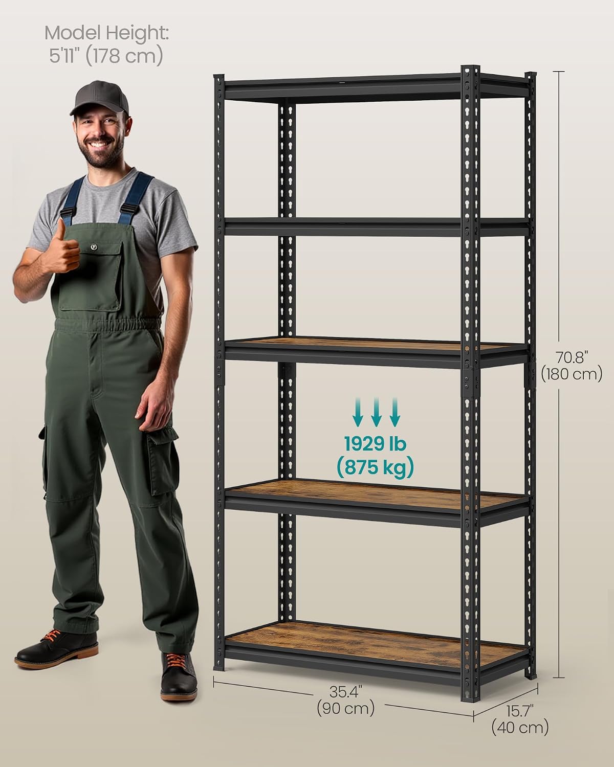 Detalle de SONGMICS COZORY GLR450B11 5-Tier Steel Shelving Unit with Adjustable MDF Shelves