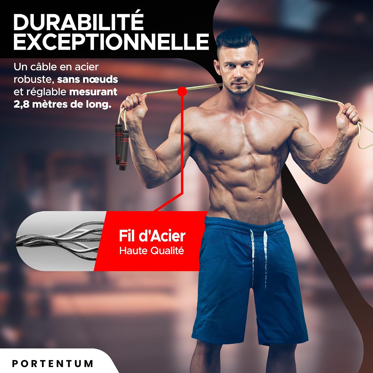 Detalle de PORTENTUM Corde à Sauter Sport 2,8 m — Robuste, réglable et fluide pour enfant et adulte