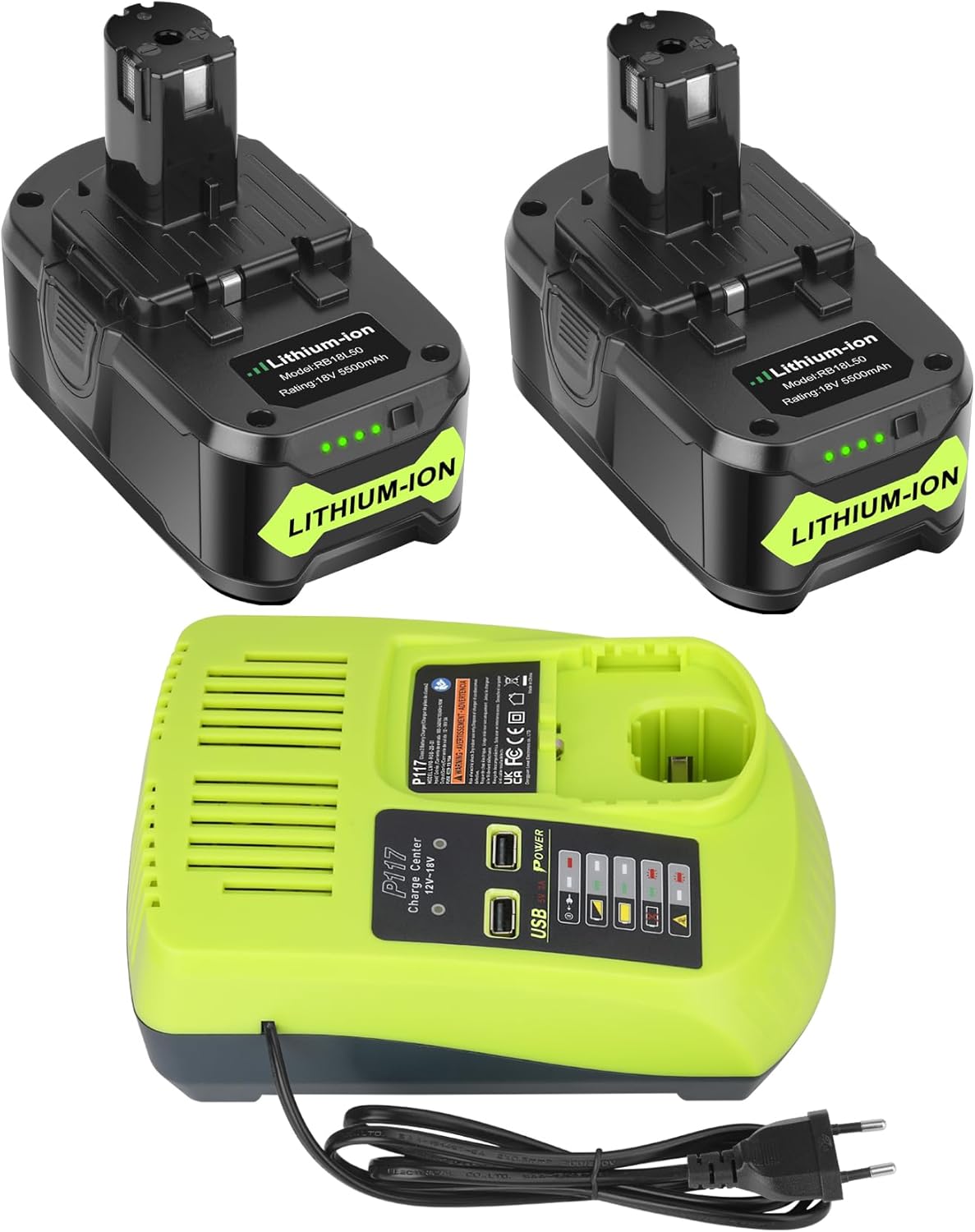 Detalle de REACELL 2X 18V 5,5Ah P108 + Chargeur P117 pour Ryobi One+ 18V