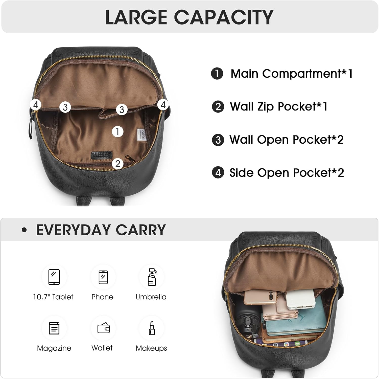 Detalle de Kattee Sac à Dos en Cuir Véritable pour Femme – Multifonction Élégant et Confortable