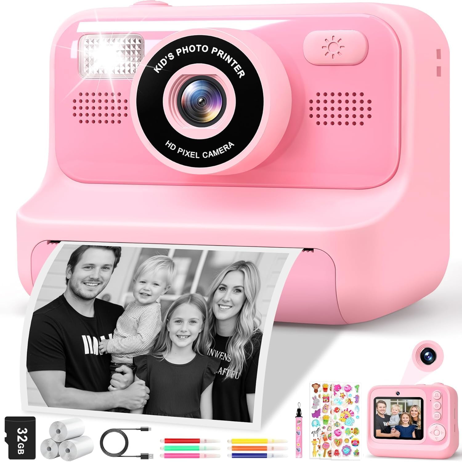 Detalle de Gontence Appareil Photo Instantané Enfants – Caméra multi-fonctions rose, 32 Go + 3 rouleaux d'impression