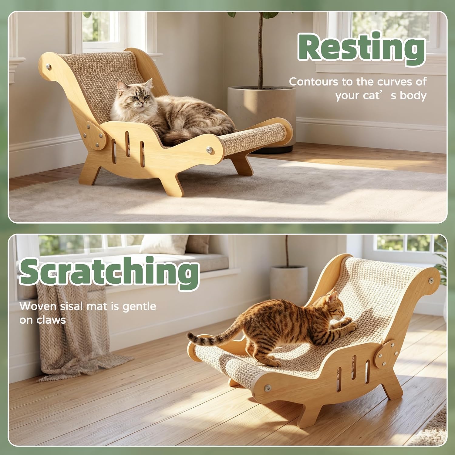 Detalle de Sisal Cat Scratching Board & Beech Wood Lounger: 2-in-1 Cat Scratcher Bed