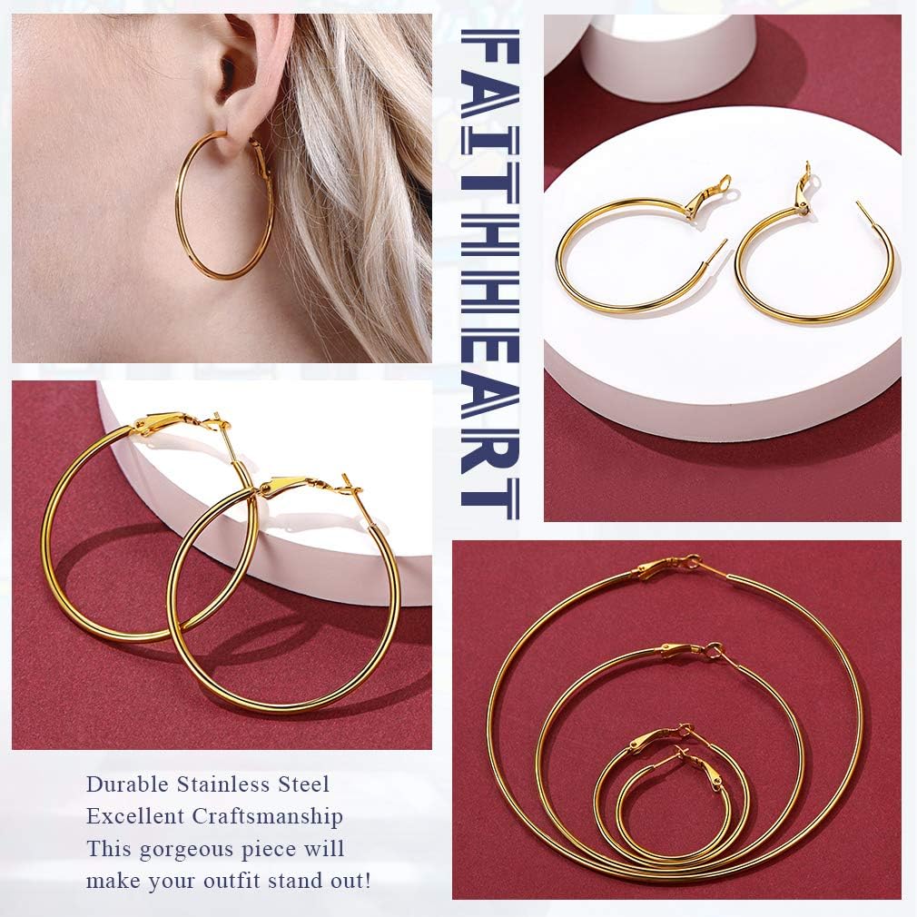 Detalle de FaithHeart Boucles d'Oreilles Créoles Inoxydables Doré 40 mm – Hypoallergéniques, 316L