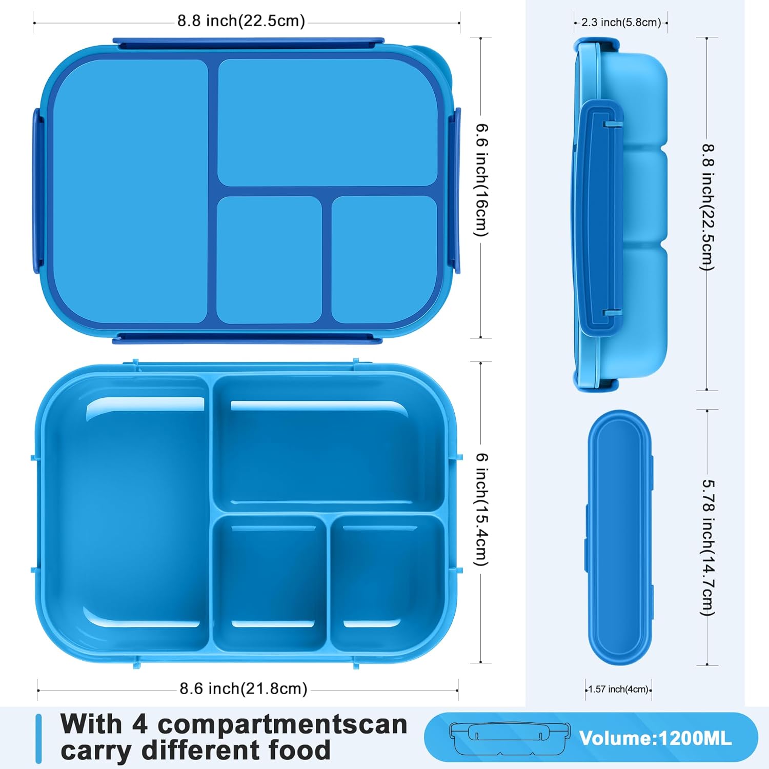 Detalle de Amathley Lunch Box: 1200ml 4-Compartment Bento for Kids and Adults