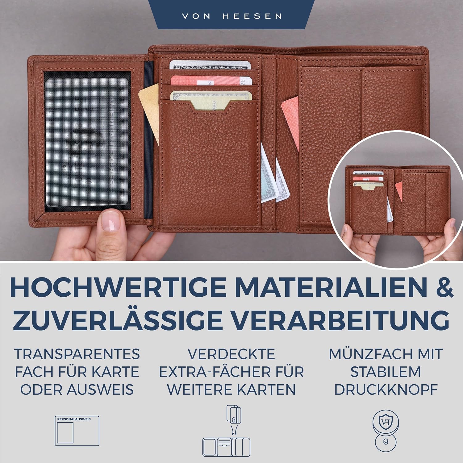 Detalle de VON HEESEN Leder Geldbörse RFID-Schutz – Echtleder Brieftasche Cognac-Braun
