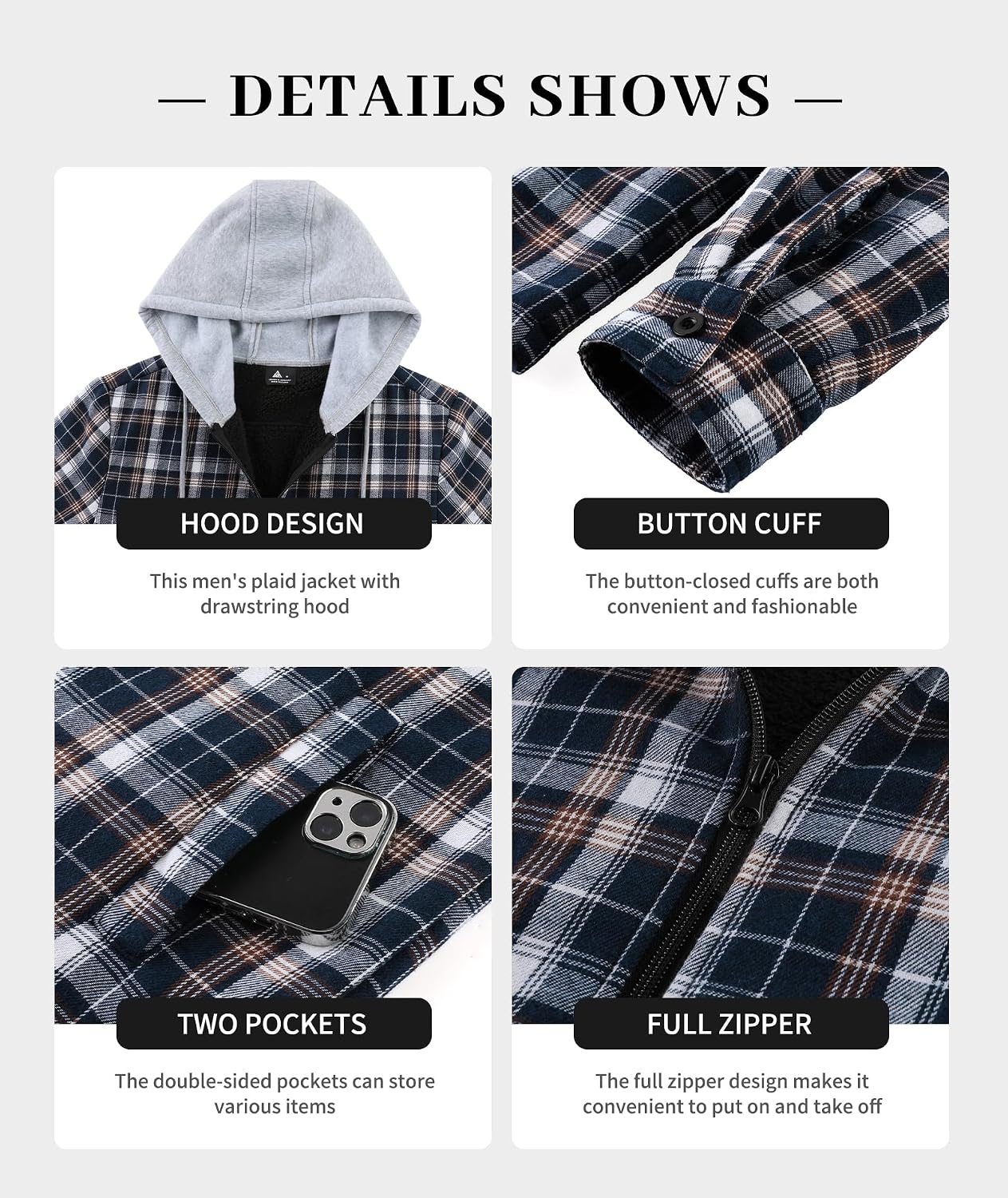 Detalle de ZITY Men's Flannel Jacket, Polyester-Nylon Blend