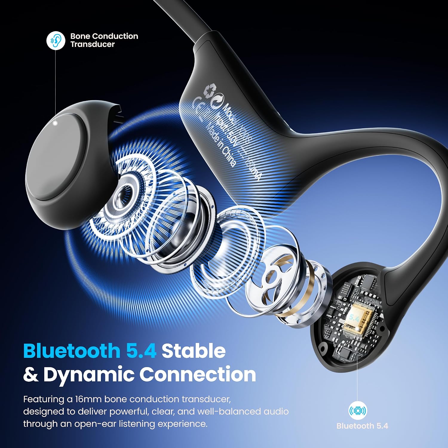 Detalle 2 de MJOFFIN Bluetooth 5.4 Bone Conduction Headphones, 22g, IP55, Up to 10 Hours
