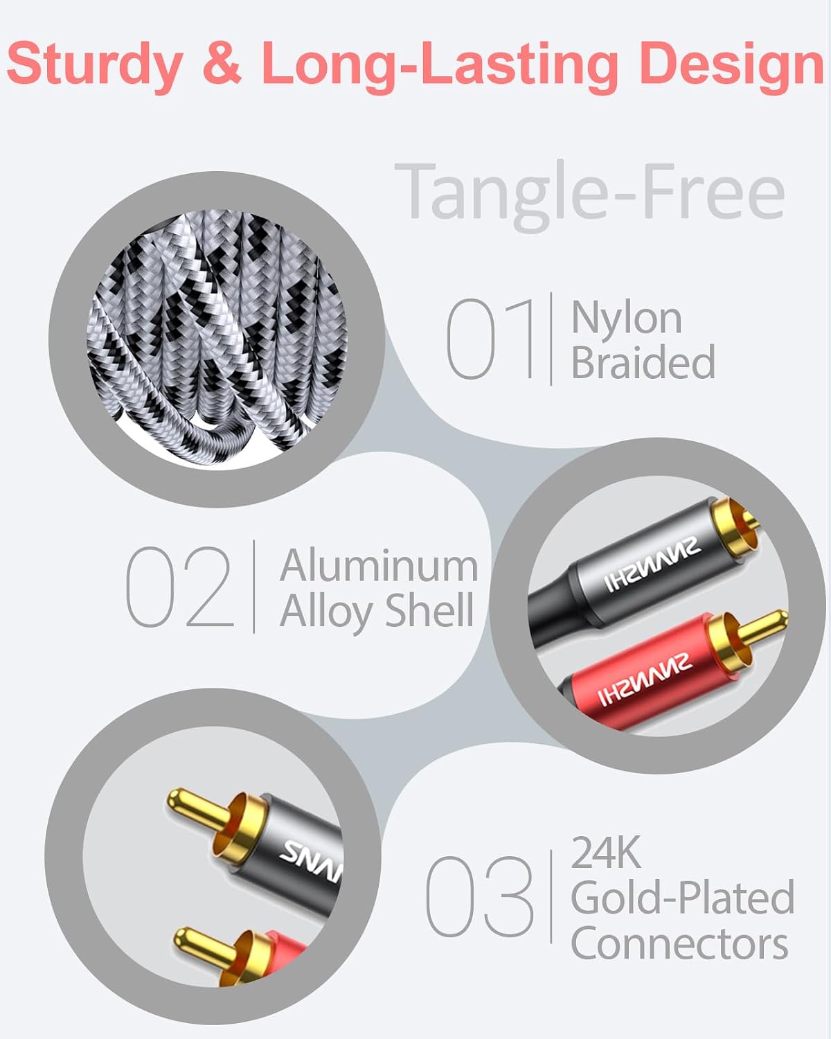 Thumbnail 1 de SNANSHI Nylon Braided 15ft RCA to RCA Audio Cable (2RCA to 2RCA) with Gold-Plated Connectors