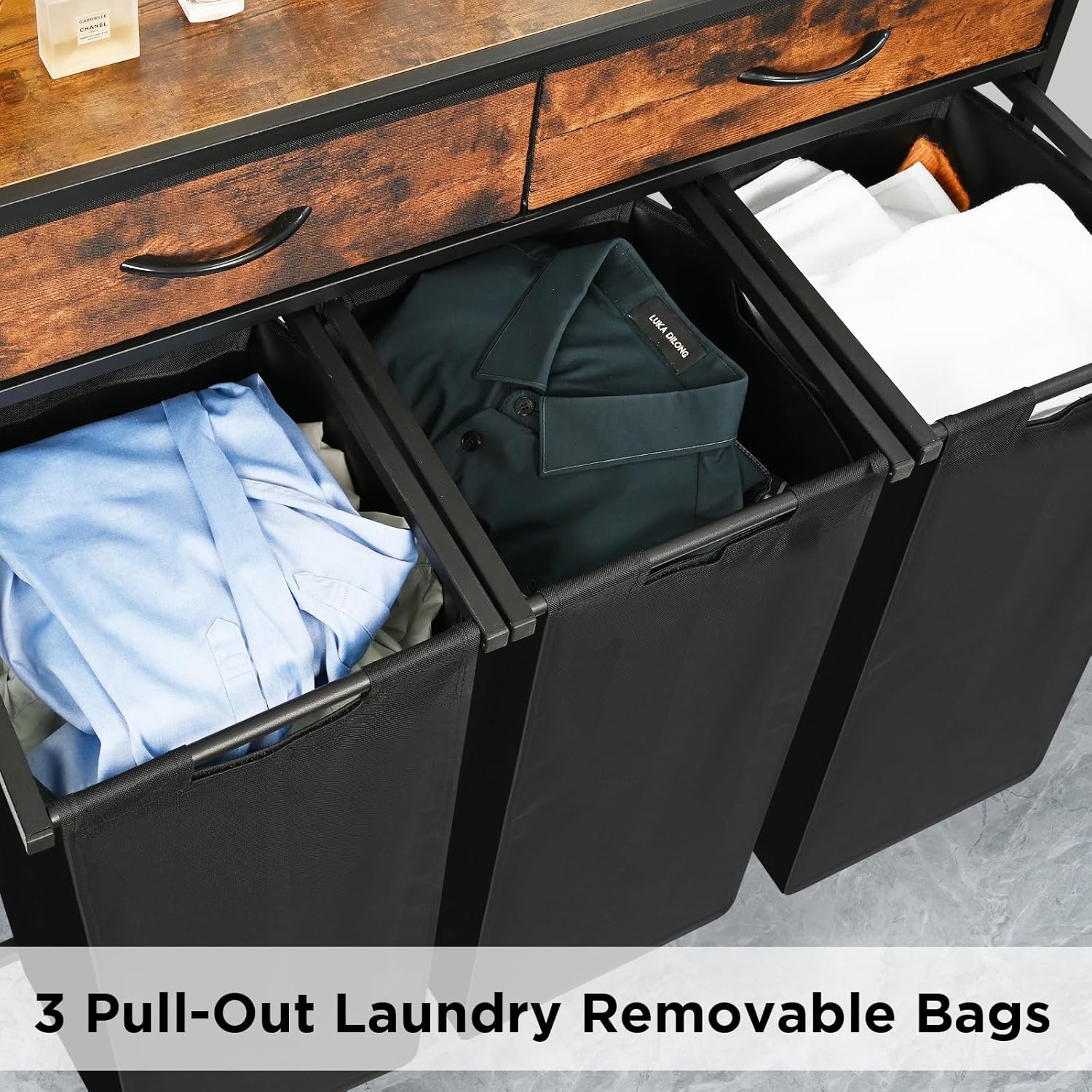 Detalle 2 de 3-Section Laundry Hamper Cart 180L with Shelf and Drawers