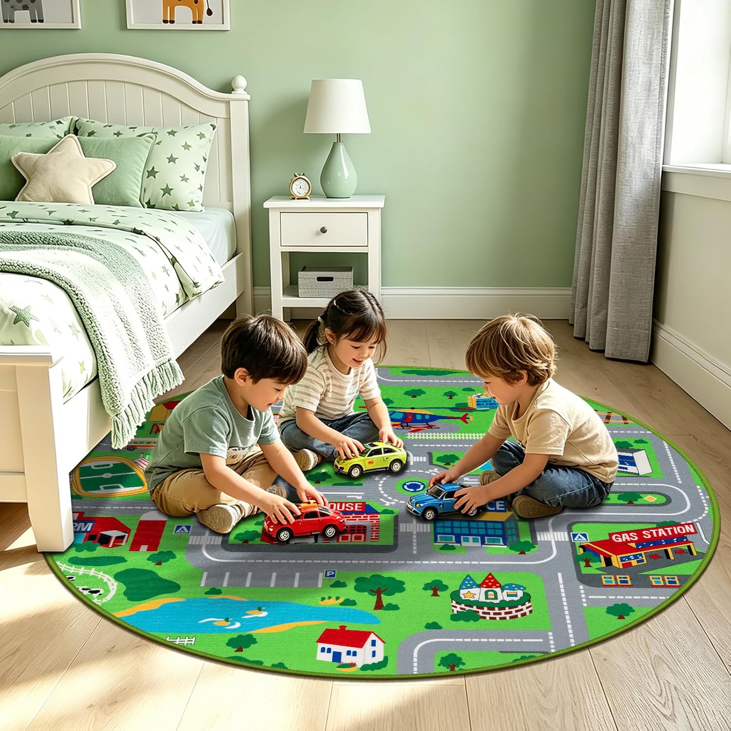 Detalle de Capslpad Kids Play Mat Round 120 cm: Non-Slip City Road Play Rug for Nursery, Playroom or Bedroom