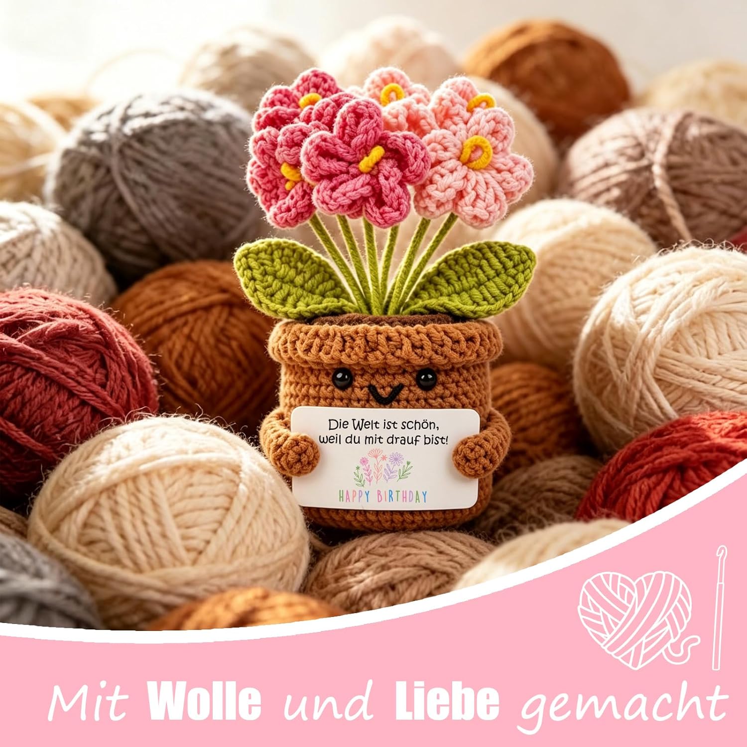 Detalle de Tixlux Rosa Vergissmeinnicht – Handgehäkelte Herzblume als Geburtstagsgeschenk für Frauen