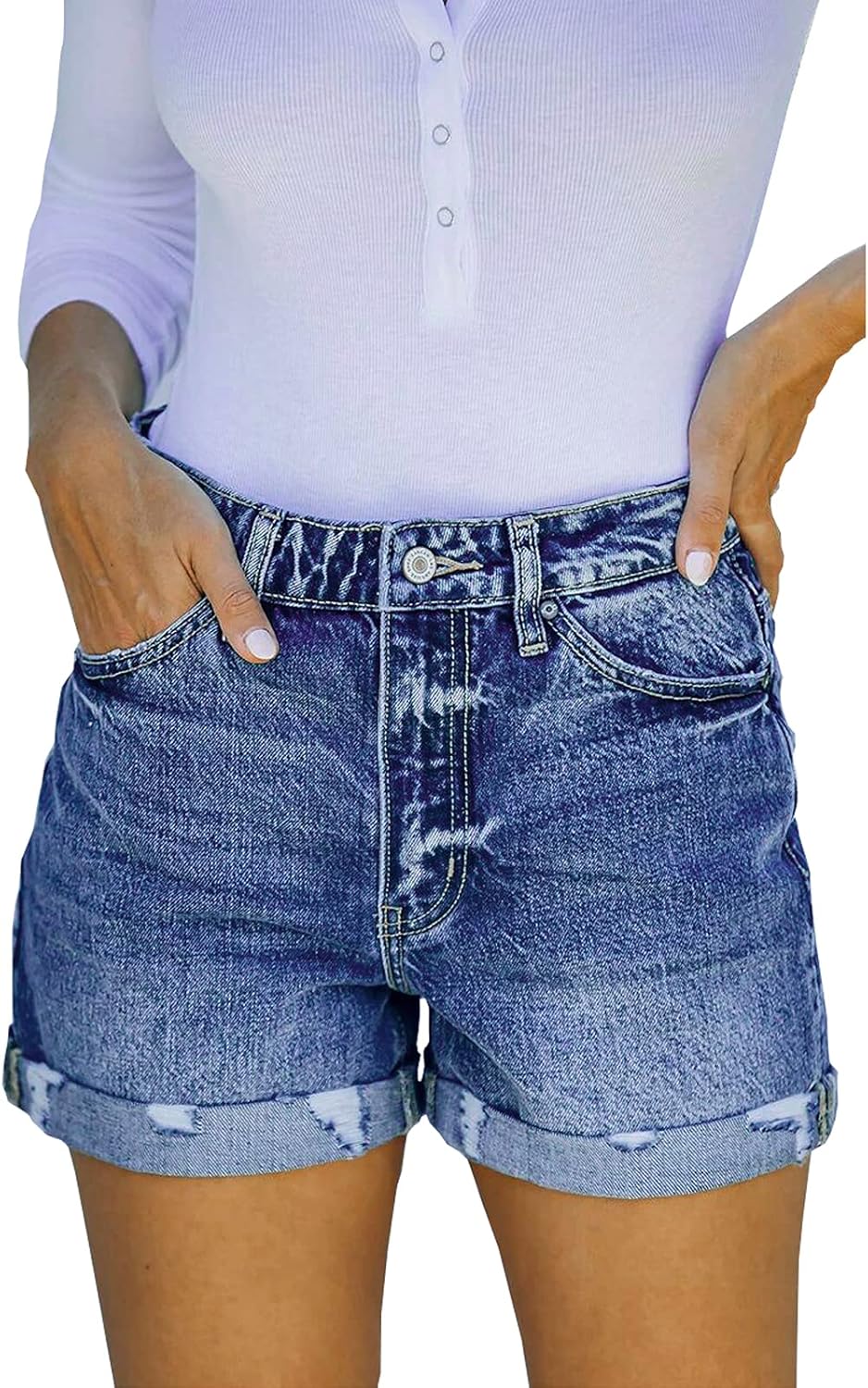 Thumbnail 6 de Bichingda Denim Shorts for Women – Ripped Mid Rise, Folded Hem, Stretchy Casual Jeans