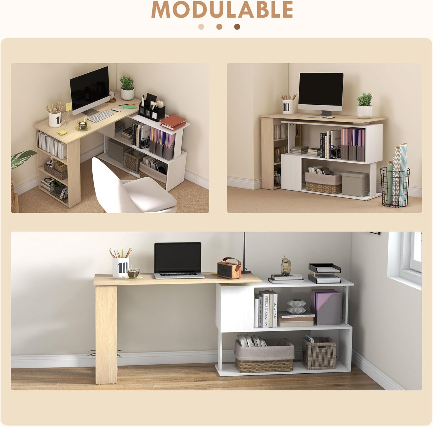 Detalle de HOMCOM Bureau d'angle Table de Salle à Manger avec Rangement modulable et bibliothèque intégrée (Blanc et Bois naturel)
