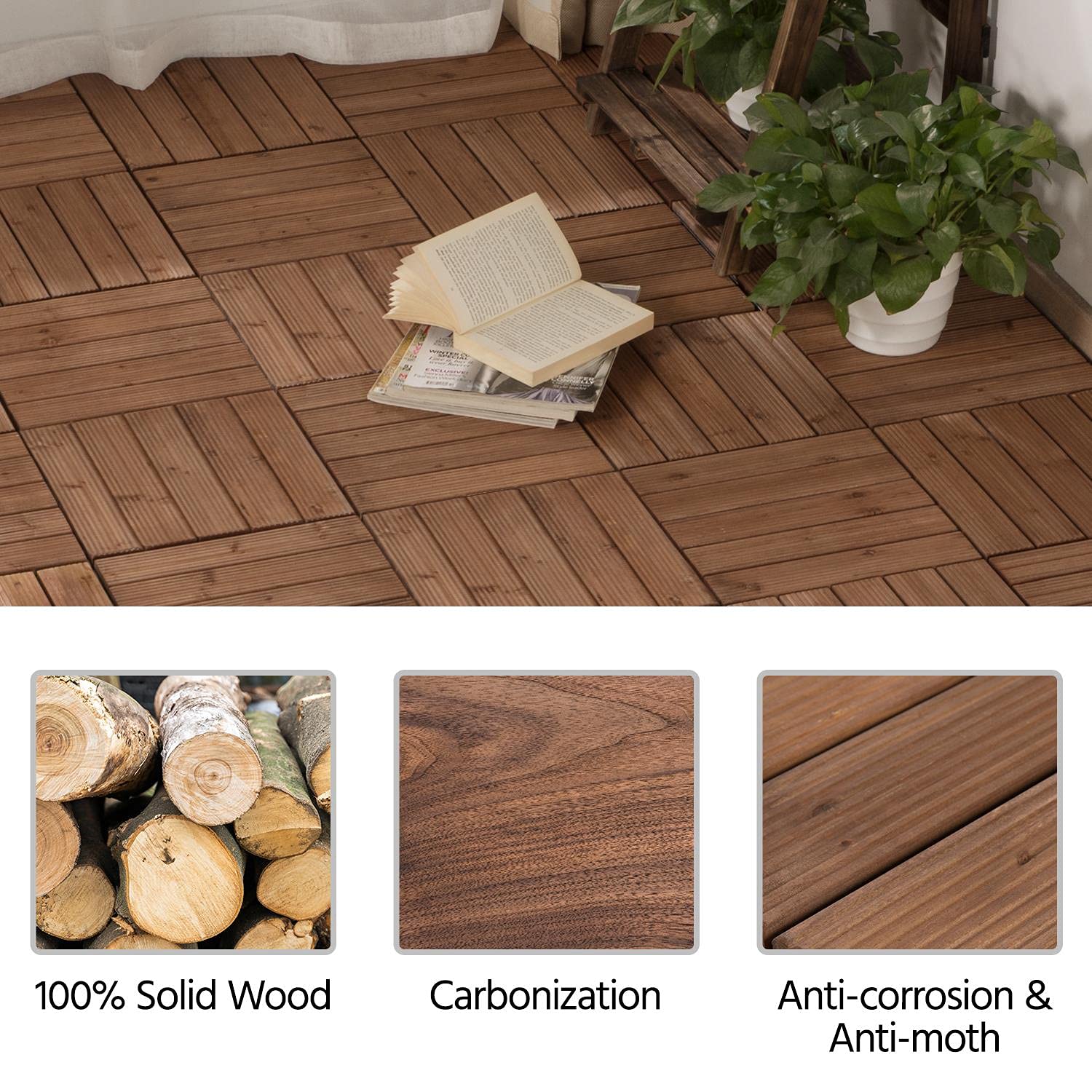 Thumbnail 4 de Yaheetech Piastrelle Esterno 30x30 cm – 11 pezzi in legno per pavimento giardino, incastro, marrone scuro